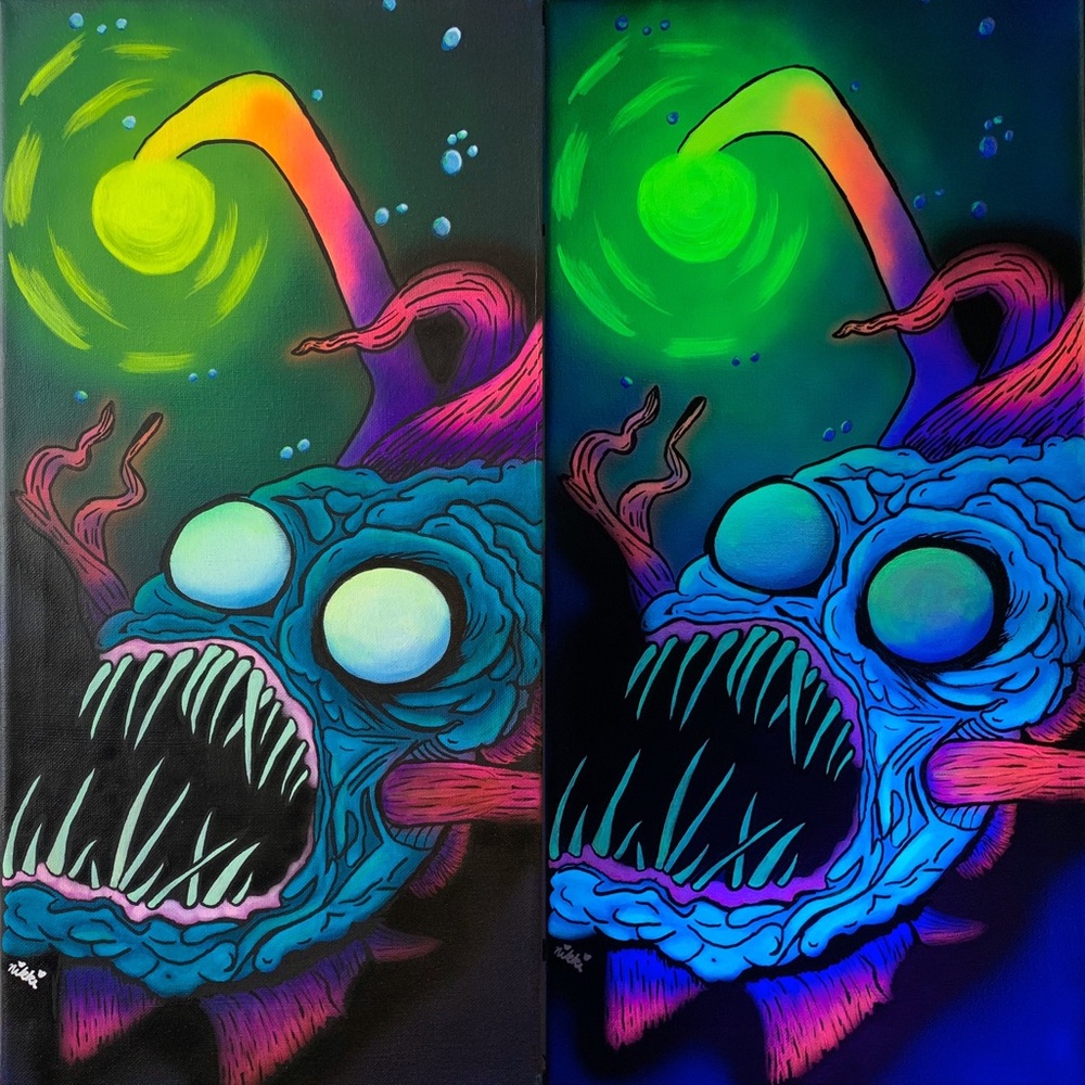 Anglerfish blacklight airbrushed painting 12x20
